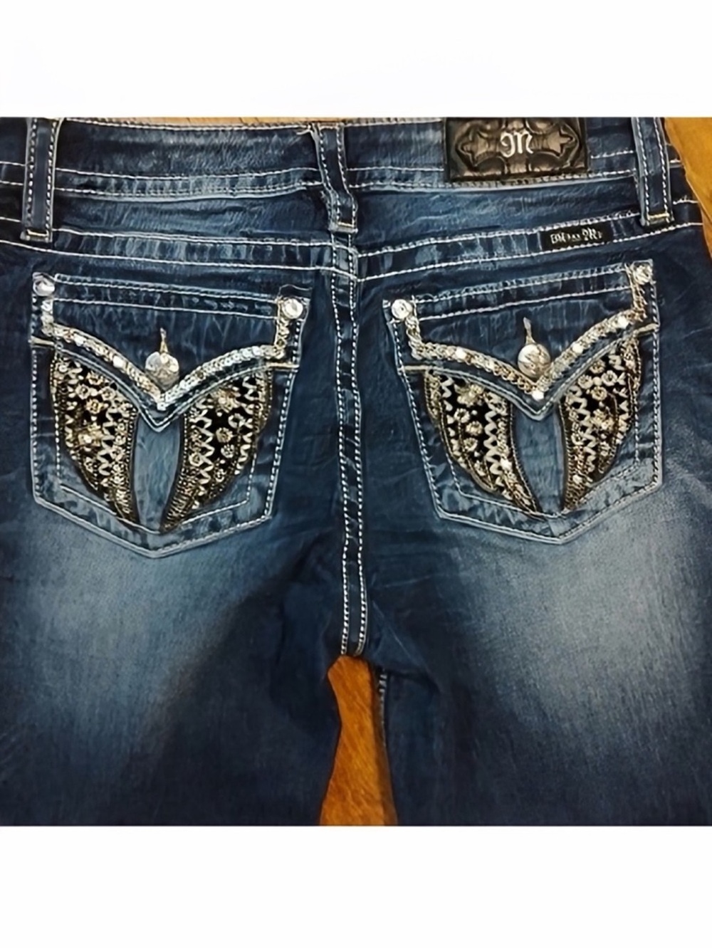 Gorgeous Y2K Miss Me Chloe Boot Jeans With Wing Embellished Pockets 34” Inseam
